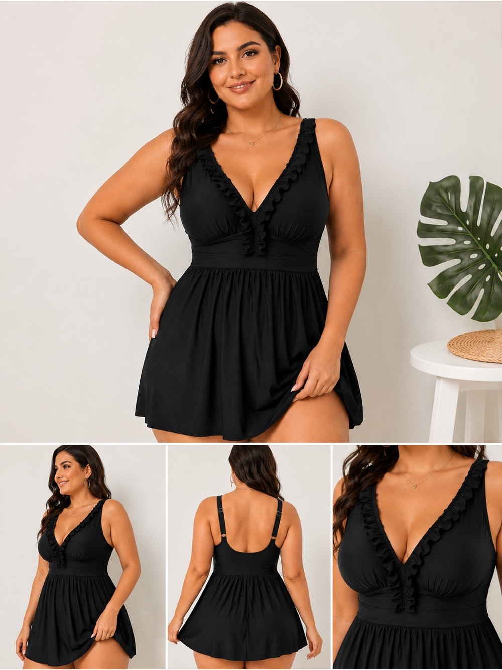 Black Ruffle V-Neck One Piece Swim Dress Swimsuit